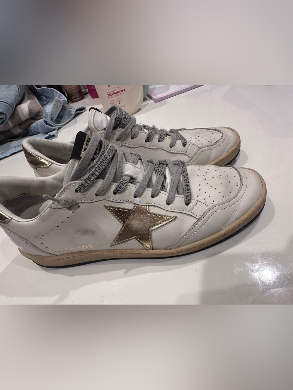 Golden Goose Ballstar White Leather Sneakers with Metallic Gold Star Accent